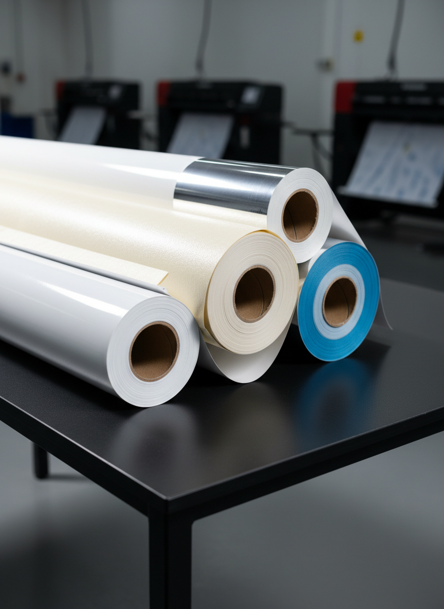 A bold stack of premium digital printing materials arranged in a powerful diagonal across a sleek matte-black worktable. Oversized rolls of glossy vinyl, thick textured art paper, shimmering metallic film, and translucent backlit film are tightly aligned, their vivid color edges exposed. In the background, large-format printers stand slightly out of focus in a clean industrial studio. Strong directional studio lighting from the left creates crisp highlights on the shiny surfaces and deep shadows between the rolls, emphasizing material quality. Captured at eye level with a sharp foreground and subtle bokeh background, in photographic realism. The mood is confident and dynamic, conveying innovation and reliability for a modern digital printing supplier.