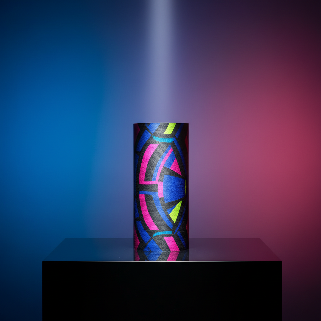 A stylish product-focus photographic scene of a single premium roll of textured wallcovering material standing upright on a glossy black acrylic platform. The print on the material features a high-contrast abstract pattern with deep blacks and vibrant accent colors, showing off fine detail and rich saturation. Behind it, a blurred gradient backdrop shifts from electric blue to magenta, lit by colored LED panels that create a halo glow around the roll’s edges. A narrow spotlight from above forms a crisp highlight along the curve and a strong shadow behind. Captured at a slightly low angle, centered composition. The mood is bold, luxurious, and cutting-edge, positioning this specialty material as a hero product for high-end digital printing.
