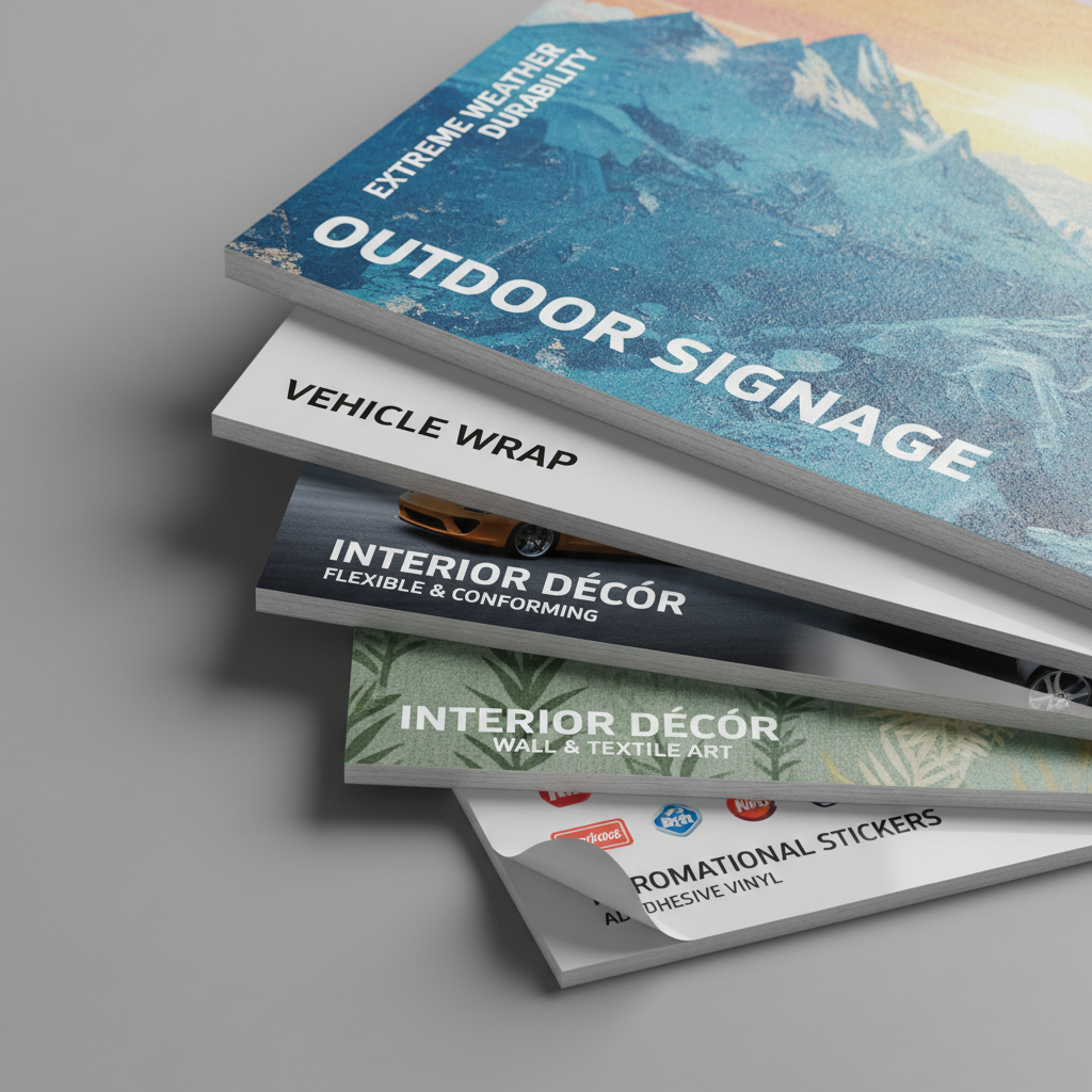 A photographic close-up of multiple stacked sample cards of specialty digital printing materials labeled for different applications: outdoor signage, vehicle wrap, interior décor, and promotional stickers. The top card features a rugged, thick outdoor vinyl with a slightly rough surface and vivid weather-resistant print. Underneath, a smoother glossy wrap film hints at flexibility and shine. Neutral gray studio background with soft side lighting reveals the edges and thickness of each layer, creating subtle shadows between them. Shot from a three-quarter angle with shallow depth of field emphasizing the top samples while keeping text legible. The atmosphere is technical, trustworthy, and bold, underlining application-specific solutions offered by the material supplier.