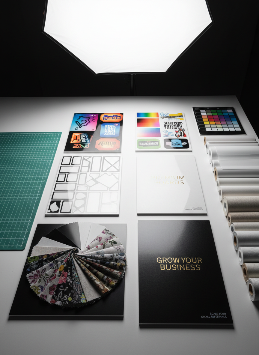 A dramatic overhead photographic view of a digital printing workspace where multiple sample boards are neatly laid out on a white tabletop. Each board features different printed applications: vibrant signage on vinyl, intricate labels on adhesive film, fabric swatches with sharp textile prints, and rigid board prints with crisp typography. A strong but diffused top light creates clear visibility and soft shadows around each piece, emphasizing clean organization. A large cutting mat, color calibration chart, and stacked material rolls frame the edges of the composition, using rule-of-thirds for balance. The mood is energetic and professional, showcasing the breadth of digital printing possibilities supported by a premium materials supplier focused on helping small businesses scale.