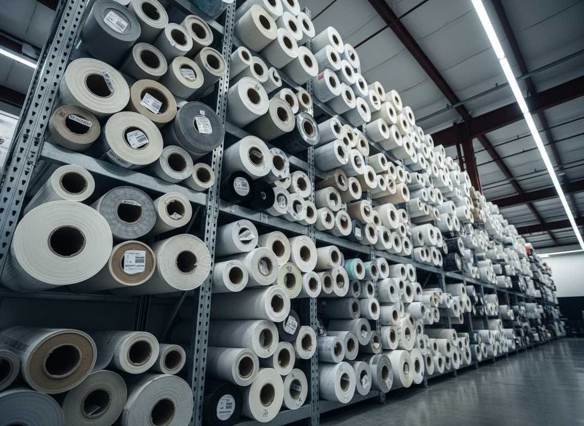 A powerful low-angle photographic shot of a towering rack of digital printing media rolls in a warehouse-style showroom. Thick rolls of glossy photo paper, textured wallpaper, one-way vision vinyl, and iridescent specialty films are lined on industrial metal shelves, their labels and edges facing outward. Cool white ceiling LEDs cast bright, even light, creating subtle reflections along the curved surfaces and revealing the density of the materials. The concrete floor and high ceiling fade into soft blur, keeping attention on the materials. The mood is bold, ambitious, and scalable, suggesting abundant supply and readiness to support fast-growing UMKM digital printing businesses with unique and premium substrates.