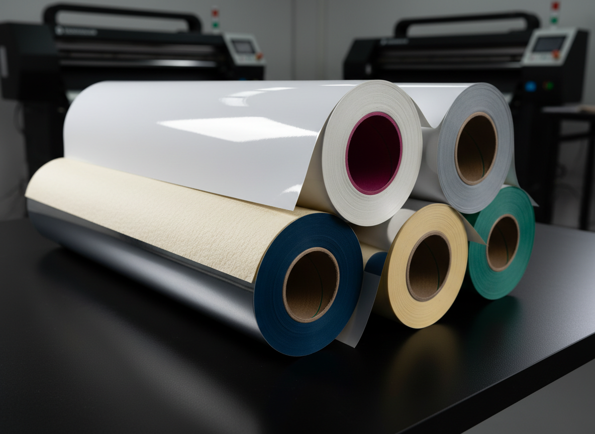 A bold stack of premium digital printing materials arranged in a powerful diagonal across a sleek matte-black worktable. Oversized rolls of glossy vinyl, thick textured art paper, shimmering metallic film, and translucent backlit film are tightly aligned, their vivid color edges exposed. In the background, large-format printers stand slightly out of focus in a clean industrial studio. Strong directional studio lighting from the left creates crisp highlights on the shiny surfaces and deep shadows between the rolls, emphasizing material quality. Captured at eye level with a sharp foreground and subtle bokeh background, in photographic realism. The mood is confident and dynamic, conveying innovation and reliability for a modern digital printing supplier.