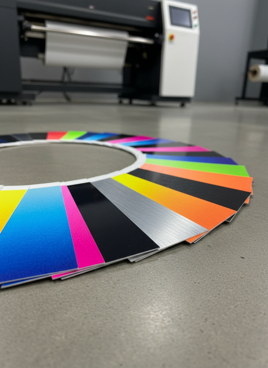 Close-up of a high-resolution digital print swatch book fanned out across a smooth concrete surface, showing ultra-saturated CMYK gradients, spot neon inks, and rich deep blacks on different premium substrates. Each card has a distinct texture: velvet-soft matte, ultra-gloss, metallic sheen, and canvas-like weave. Overhead neutral studio lighting produces even illumination, revealing the precise color accuracy and paper fibers. The environment is minimal, with just a blurred hint of a large-format printer in the far background. Shot from a slightly elevated angle with shallow depth of field focusing on the front swatches. The atmosphere is bold, technical, and precise, highlighting the unique and premium materials available for digital printing businesses and UMKM growth.