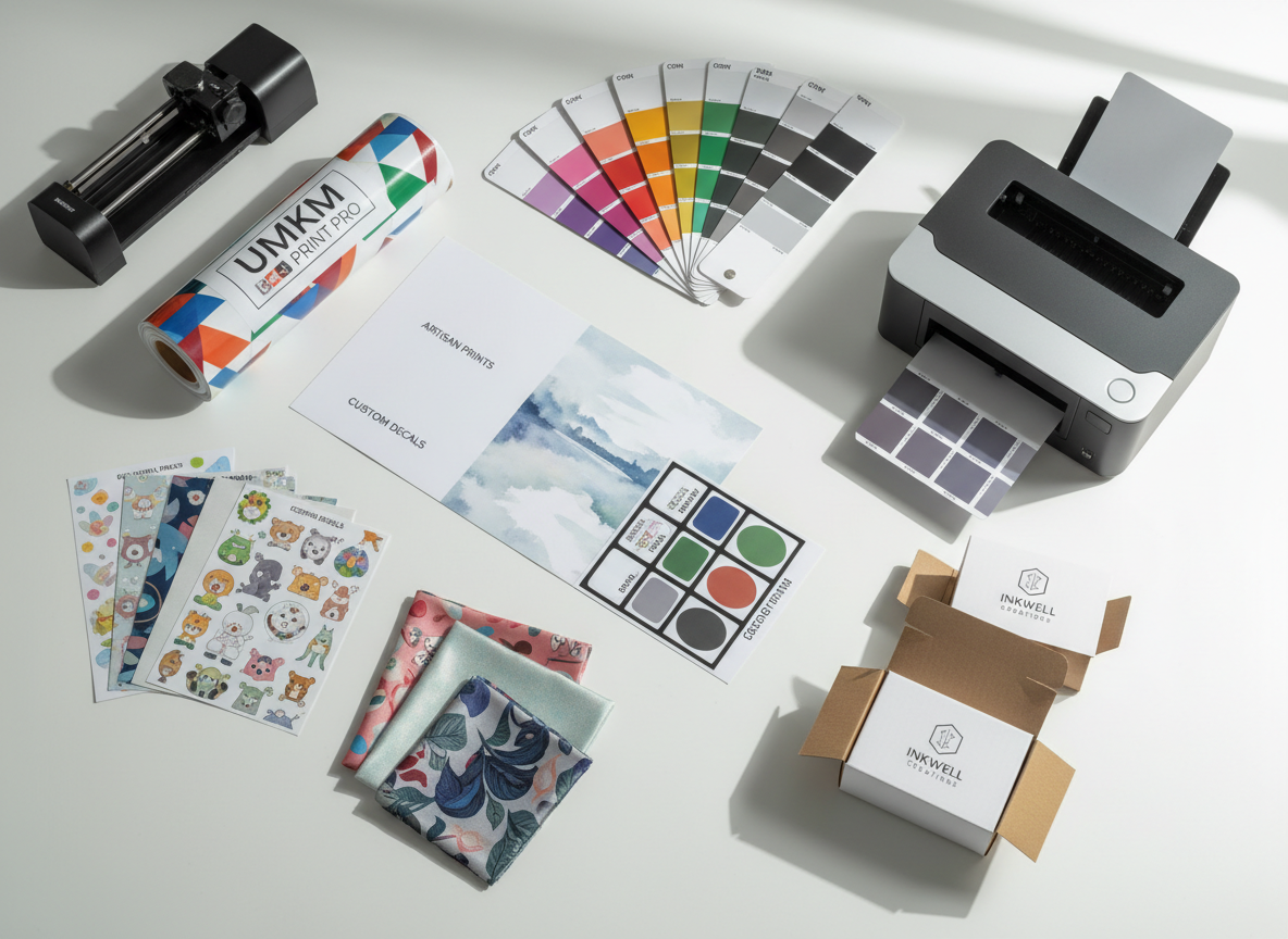 A neatly arranged flat lay of startup UMKM digital printing essentials spread across a bright white desk: small-format printer, color charts, labeled samples of PVC banner, synthetic paper, sticker vinyl, and fabric swatches, each printed with vivid patterns and clear typography. A compact cutting plotter and sample packaging boxes sit near the edges. Soft diffused daylight from the right creates gentle shadows and crisp clarity without glare. Photographic realism with sharp focus across the full frame. The composition uses asymmetrical balance to feel energetic yet controlled. The mood is optimistic, bold, and entrepreneurial, visually telling the story of how premium, unique materials from a reliable supplier help small digital printing businesses launch and grow sustainably.