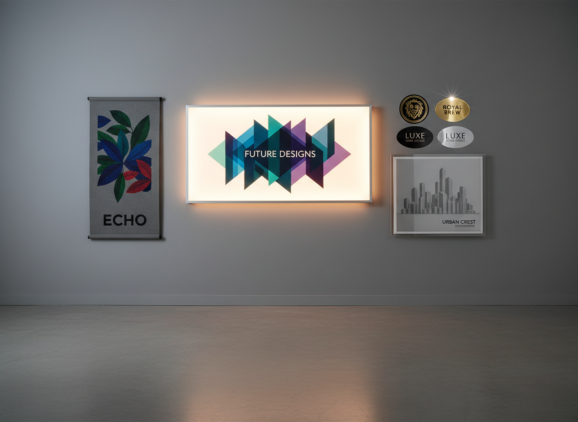 A clean, modern photographic scene of a branding mockup wall featuring multiple digitally printed applications made from premium materials. There is a backlit display glowing through translucent film, a rich matte banner with deep saturated colors, metallic foil labels catching specular highlights, and a rigid board print with razor-sharp edges. The wall is set in a minimalist studio with neutral gray walls and a smooth floor, under controlled soft box lighting that produces gentle, precise shadows. Shot at eye level with a wide lens, everything is in crisp focus. The overall atmosphere is bold yet refined, showcasing how high-end materials elevate digital printing results for professional and small business clients alike.