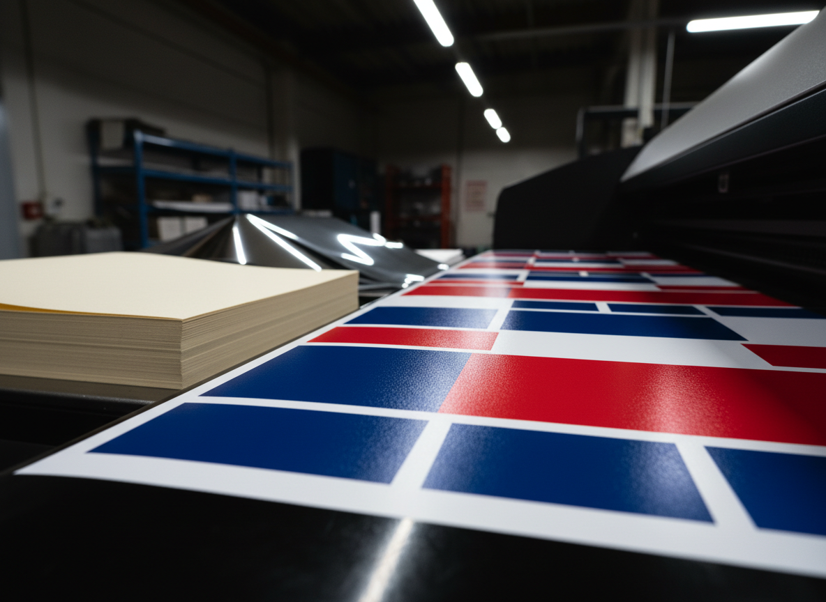 An intense close-up photographic shot of a digital printer output tray where a vibrant premium vinyl print is emerging, its surface gleaming under strong overhead LEDs. The material shows a subtle micro-texture while dense reds, deep blues, and clean whites form a modern geometric design. Nearby, stacked sheets of textured paper and metallic-coated film sit in shallow focus, hinting at a diverse material offering. The background is a dark, slightly blurred workshop space that makes the colors pop. Captured from a low angle along the print’s surface, with shallow depth of field and bold contrast. The mood is dynamic and high-tech, emphasizing precision, material quality, and production power.