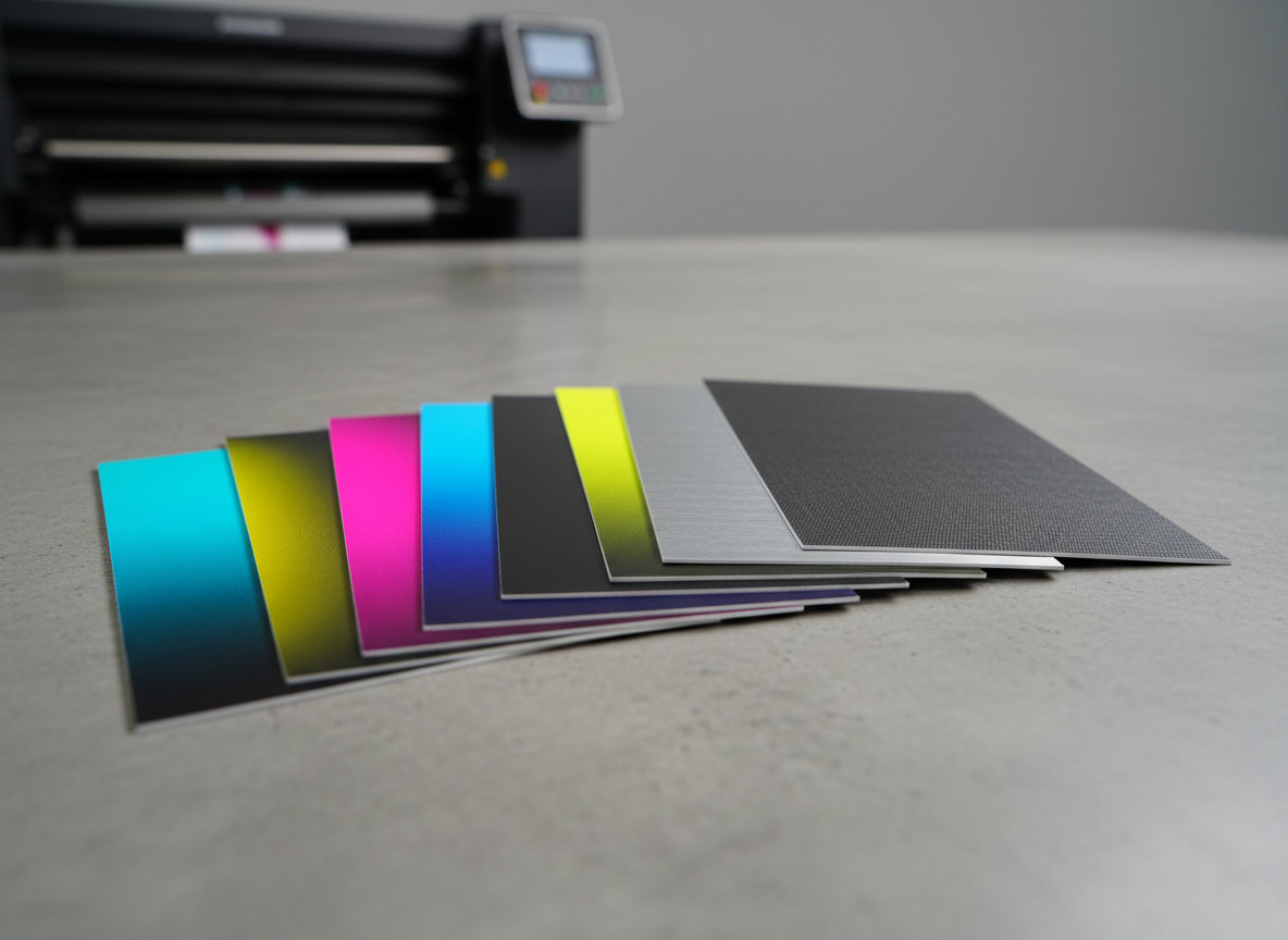 Close-up of a high-resolution digital print swatch book fanned out across a smooth concrete surface, showing ultra-saturated CMYK gradients, spot neon inks, and rich deep blacks on different premium substrates. Each card has a distinct texture: velvet-soft matte, ultra-gloss, metallic sheen, and canvas-like weave. Overhead neutral studio lighting produces even illumination, revealing the precise color accuracy and paper fibers. The environment is minimal, with just a blurred hint of a large-format printer in the far background. Shot from a slightly elevated angle with shallow depth of field focusing on the front swatches. The atmosphere is bold, technical, and precise, highlighting the unique and premium materials available for digital printing businesses and UMKM growth.